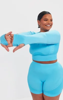 PLT SPORT Plus Bright Blue Seamless Contrast Detail Long Sleeve Crop Top