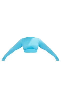 PLT SPORT Plus Bright Blue Seamless Contrast Detail Long Sleeve Crop Top