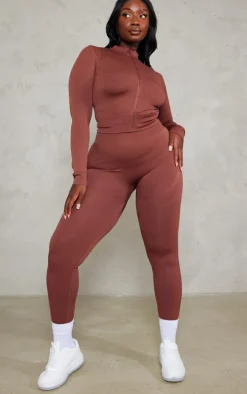 PLT SPORT Plus Espresso Seamless Contrast Long Sleeve Crop Top