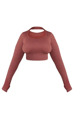 PLT SPORT Plus Espresso Seamless Contrast Long Sleeve Crop Top