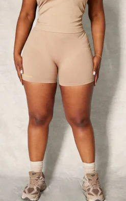PLT SPORT Plus Light Mocha Seamless Contrast Branding Booty Shorts