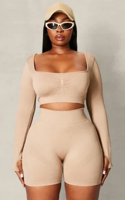 PLT SPORT Plus Light Mocha Seamless Contrast Branding Square Neck Top