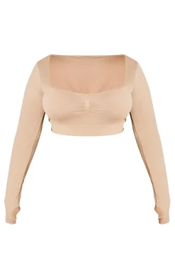 PLT SPORT Plus Light Mocha Seamless Contrast Branding Square Neck Top