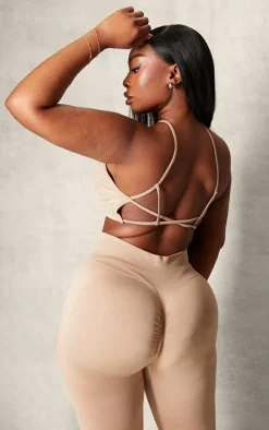 PLT SPORT Plus Light Mocha Seamless Halterneck Open Back Sports Bra