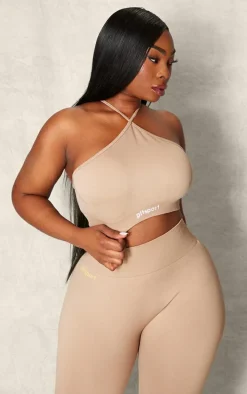PLT SPORT Plus Light Mocha Seamless Halterneck Open Back Sports Bra