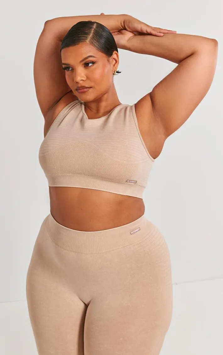 PLT SPORT Plus Mocha Acid Wash Seamless Ribbed Sports Bra