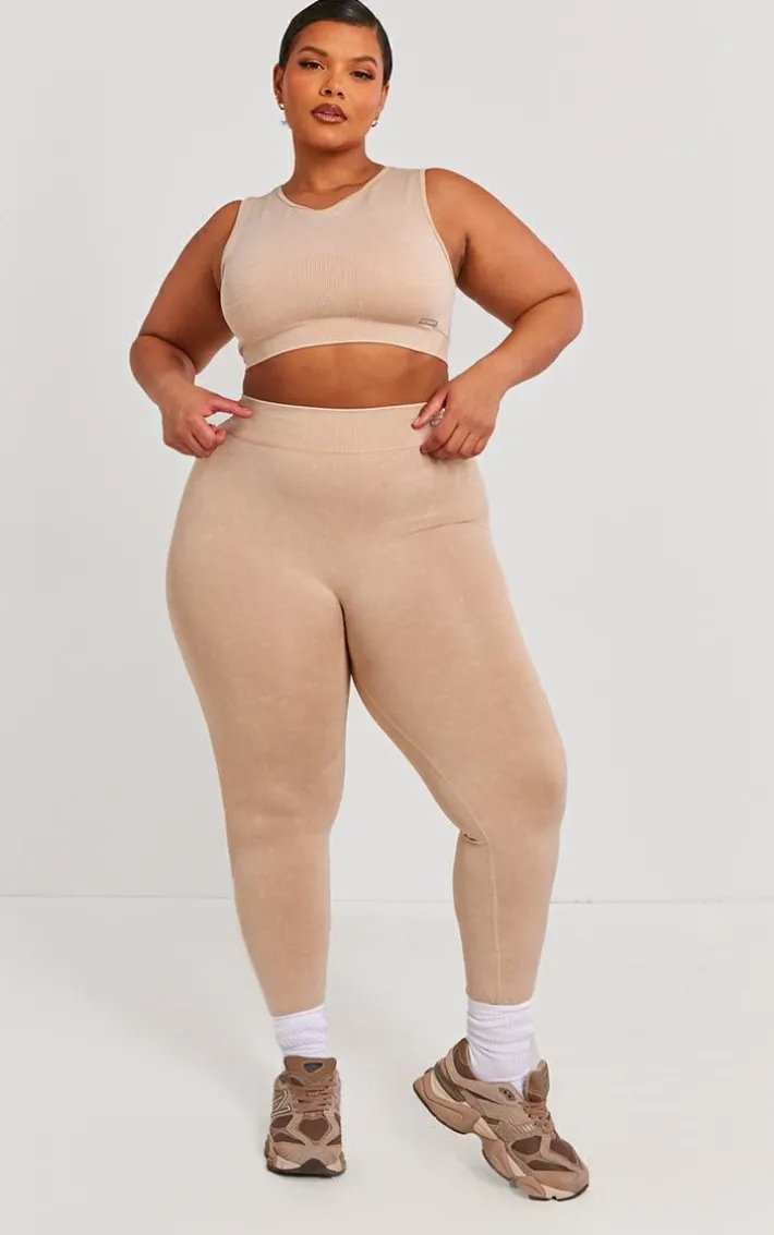 PLT SPORT Plus Mocha Acid Wash Seamless Ribbed Sports Bra