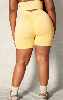 PLT SPORT Plus Mustard Acid Wash Seamless Rib Ruched Bum Booty Shorts