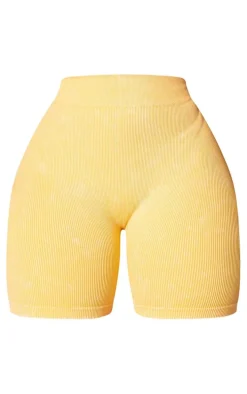 PLT SPORT Plus Mustard Acid Wash Seamless Rib Ruched Bum Booty Shorts