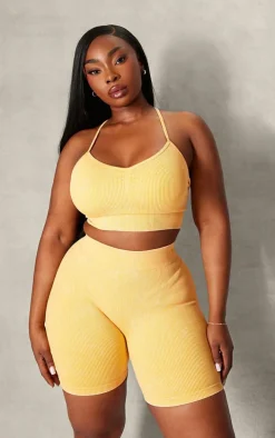 PLT SPORT Plus Mustard Acid Wash Seamless Rib Longline Cage Back Sports Bra