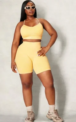 PLT SPORT Plus Mustard Acid Wash Seamless Rib Longline Cage Back Sports Bra