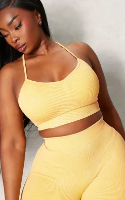 PLT SPORT Plus Mustard Acid Wash Seamless Rib Longline Cage Back Sports Bra