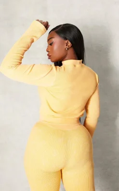 PLT SPORT Plus Mustard Acid Wash Seamless Rib Zip Up Cropped Sports Jacket