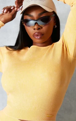 PLT SPORT Plus Mustard Acid Wash Seamless Rib Long Sleeve Sports Top