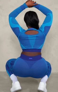 PLT SPORT Plus Navy Tonal Seamless Cut Out Back Long Sleeve Top