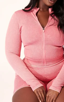 PLT SPORT Plus Raspberry Acid Wash Seamless Zip Up Cropped Sports Jacket