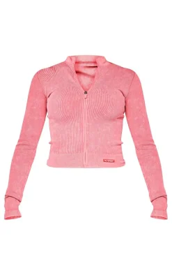 PLT SPORT Raspberry Acid Wash Seamless Zip Up Cropped Sports Jacket