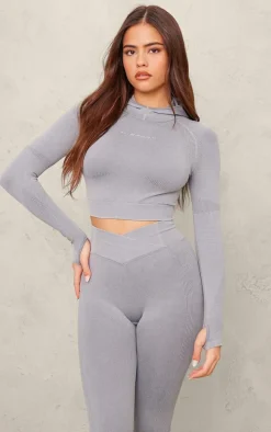 PLT SPORT Steel Blue Seamless Crop Gym Hoodie