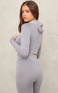 PLT SPORT Steel Blue Seamless Crop Gym Hoodie