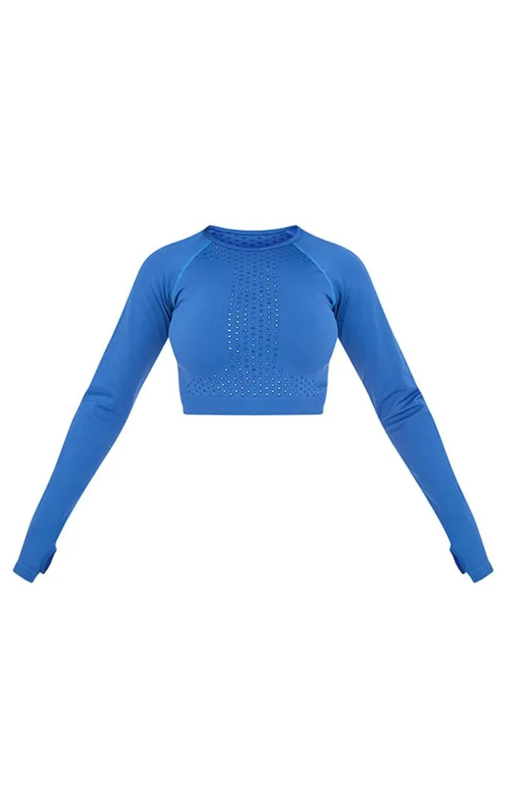 PLT SPORT Steel Blue Seamless Contour Dot Cropped Long Sleeve Top