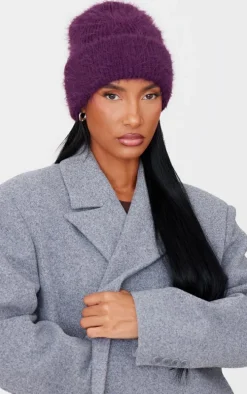 Plum Eyelash Knit Rib Beanie