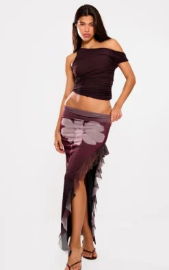 Plum Flower Ruffle Detail Mesh Skirt