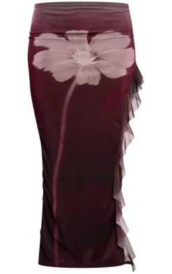 Plum Flower Ruffle Detail Mesh Skirt