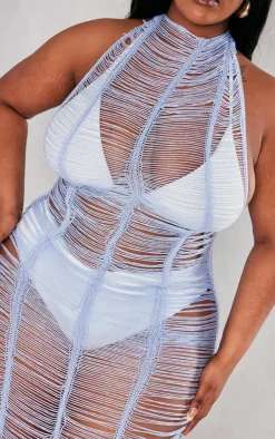 Plus Aqua Blue Tassel Knit Beach Dress