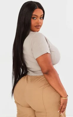 Plus Ash Grey Basic Rib Short Sleeve Crop Top