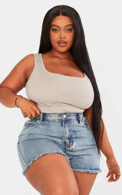 Plus Ash Grey Basic Rib Square Neck Bodysuit