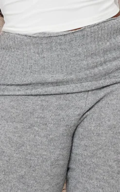 Plus Ash Grey Melange Soft Knit Foldover Waist Flared Pants