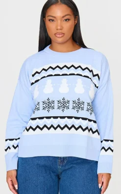 Plus Baby Blue Zig Zag Snowflake Oversized Christmas Sweater