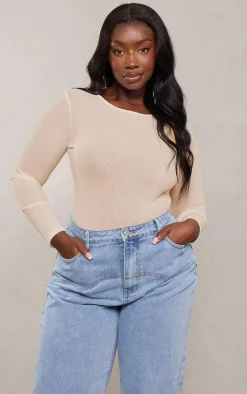 Plus Beige Burn Out Mesh Long Sleeve Crew Neck Bodysuit