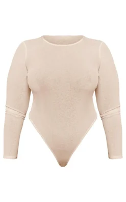 Plus Beige Burn Out Mesh Long Sleeve Crew Neck Bodysuit
