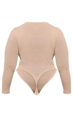 Plus Beige Burn Out Mesh Long Sleeve Crew Neck Bodysuit