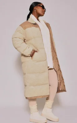 Plus Beige Contrast Borg Maxi Puffer Coat