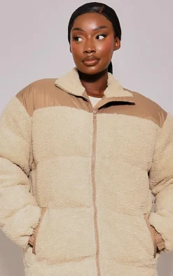 Plus Beige Contrast Borg Maxi Puffer Coat