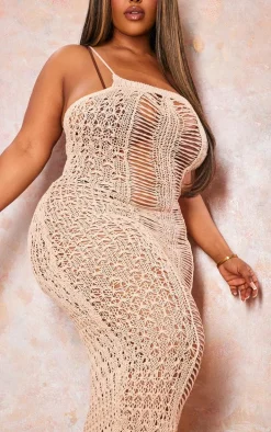 Plus Beige Crochet Strappy Maxi Dress