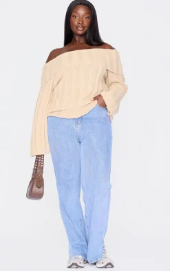 Plus Beige Exaggrated Ribbed Asymmetric Sweater