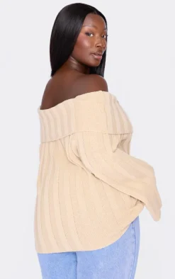 Plus Beige Exaggrated Ribbed Asymmetric Sweater