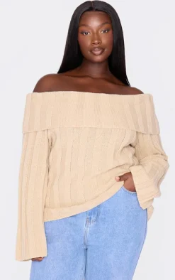 Plus Beige Exaggrated Ribbed Asymmetric Sweater