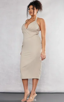Plus Beige Pleated Bust Midi Dress