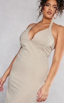 Plus Beige Pleated Bust Midi Dress