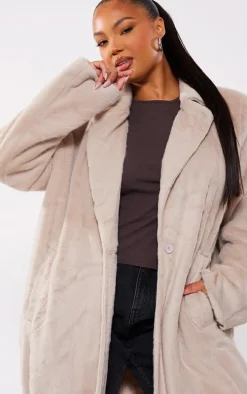Plus Beige Premium Soft Faux Fur Tailored Maxi Coat