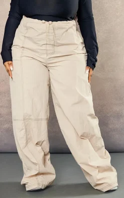 Plus Beige Seam Detail Nylon Cargo Pants