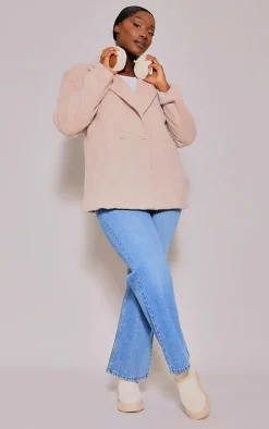 Plus Beige Textured Wool Look Oversized Blazer