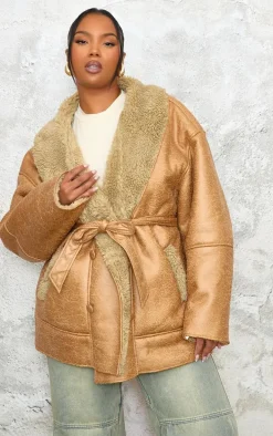 Plus Beige Washed Borg Trim Belted Jacket