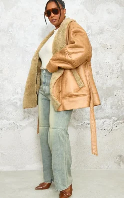 Plus Beige Washed Borg Trim Belted Jacket