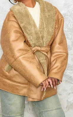 Plus Beige Washed Borg Trim Belted Jacket