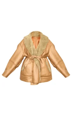 Plus Beige Washed Borg Trim Belted Jacket